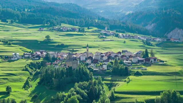 Timelapse, View of the castle in the mountains. Riom Castle, Riom-Parsonz, Savognin, Surses, Canton of Graub&uuml;nden in Switzerland