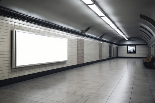 Empty subway station with a TV mockup on the wall creates a gloomy, nostalgic atmosphere is AI Generative.
