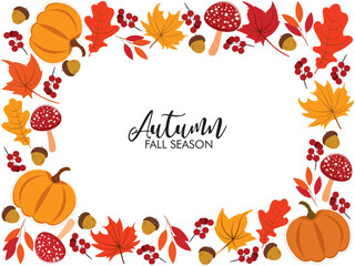 Autumn background illustration vector. Flat background of autumn. Autumn banner with orange leaves, pumpkin and mushroom.