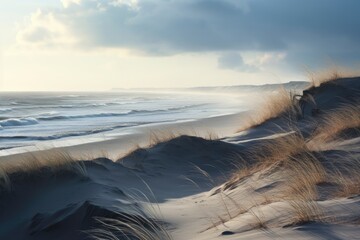 Sand dunes on the coast of the northern sea. ai generative