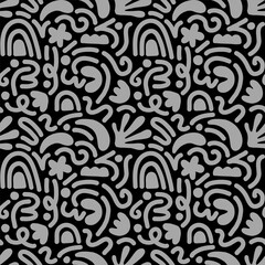 Hand drawn contemporary art collage with black and gray abstract shapes. Vector seamless pattern with Scandinavian cut out elements.