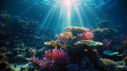 Underwater landscape reef and blue ocean background. Generative AI