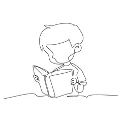 continuous line drawing of a boy reading a book. Vector illustration