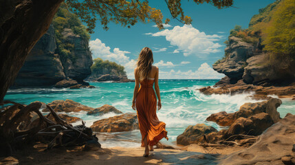 Fototapeta na wymiar Photograph a beautiful Thai woman walking on the beach, surrounded by the vivid colors of the ocean and the tropical landscape