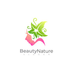 Girl logo and leaf design nature, line style, salon logos