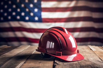Labor day background construction hard hat with an american flag