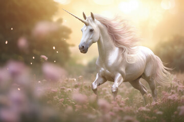 Obraz na płótnie Canvas Unicorn in Fairy Sunny ForestUnicorn in Fairy Sunny Forest