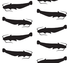 Vector seamless pattern of hand drawn catfish fish silhouette isolated on white background