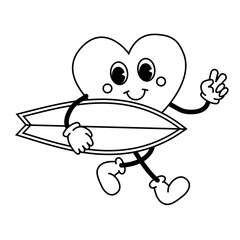 Vector retro groovy cartoon outline heart with surf board isolated on white background