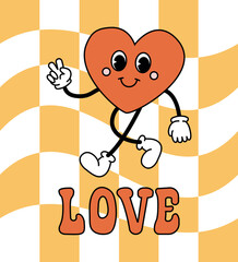 Vector retro groovy cartoon heart with love lettering isolated on checkered chessboard background
