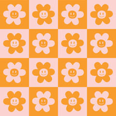 Vector seamless pattern of groovy retro flower isolated on checkered chessboard background
