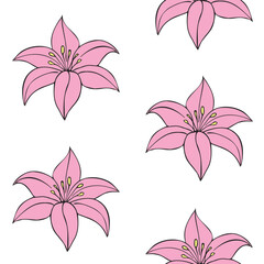 Fototapeta na wymiar Vector seamless pattern of hand drawn doodle sketch pink Lilly flower isolated on white background