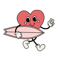Vector retro groovy cartoon heart with surf board isolated on white background