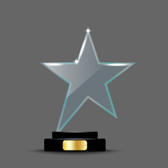 Realistic award layout design. Glass trophy in the form of an star. 3d acrylic crystal star. Vector illustration. stock image.