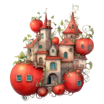 Watercolor illustration, houses fairytale summer vegetables clipart, book decor, best selling, fairy PNG, generative AI