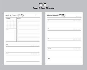(Sean and Sea) week planner. Minimalist planner template set. Vector illustration.	