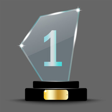 Award crystal with a first. Acrylic 3D Shield for the first place. Trophy for victory on a stand. Vector illustration. stock image.