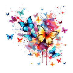 Fototapeta na wymiar Paint splash art of flying butterflies , Abstract colorful rainbow color painting illustration - watercolor splashes, isolated on white background (Generative Ai)