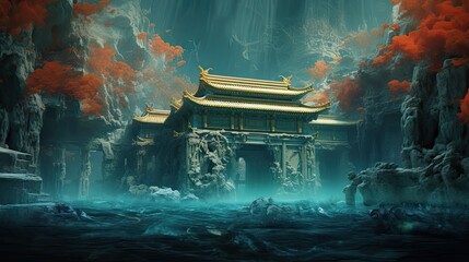 Lost Chinese Palace Underwater, majestic ancient chinese temple ruins in the Dream Realm, fantasy art, red, black, blue, generative AI