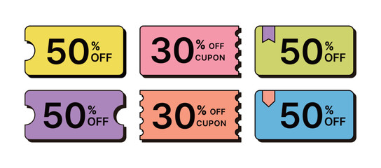 Coupon design template icon set for discount sale event in shopping, market and store.