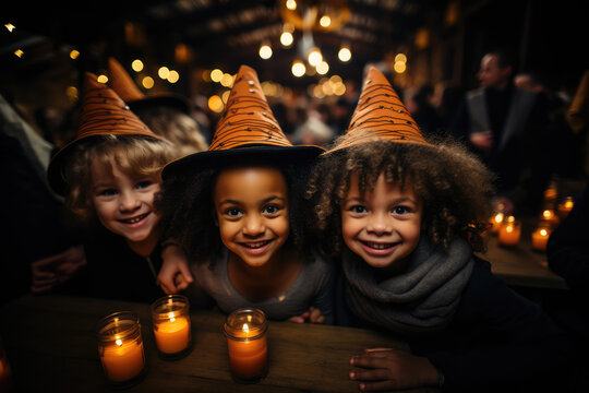 Spooky Kids' Halloween:  Photo of Children with Witch Costumes and Pumpkins Galore - AI Generative