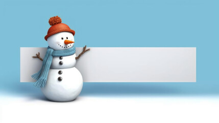 Snowman Banner: A simple banner with a snowman wearing a hat and scarf on blue background. Copy space. Winter concept - AI Generative