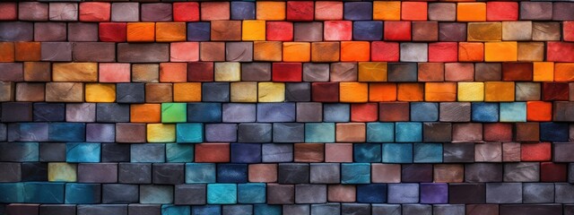 Vibrant colorful mosaic bricks create a mesmerizing geometric pattern on the wall texture. Generative AI