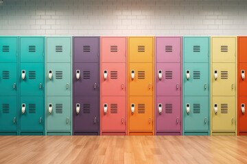 Colorful school lockers on wooden floor and brick wall, Generative AI