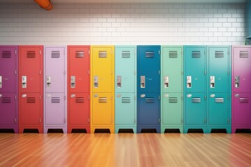 Colorful school lockers on wooden floor and brick wall, Generative AI