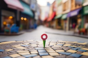 Location pin in the middle of shopping street, GPS pin in street with shops and blurred background, Generative AI