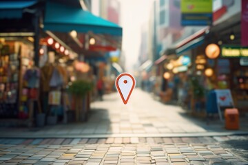 Location pin in the middle of shopping street, GPS pin in street with shops and blurred background, Generative AI