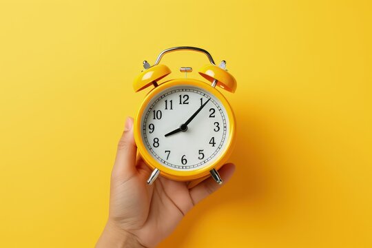 Hand holding alarm clock isolated on yellow background, Generative AI