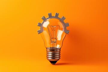 Light bulb with gear isolated on orange background, creativity and innovation concept, Generative AI
