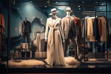 Luxury store window with mannequins in designer clothes, designer store interior, Generative AI - obrazy, fototapety, plakaty