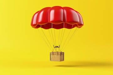 Red parachute with parcel package isolated on yellow background, parachute with box, Generative AI