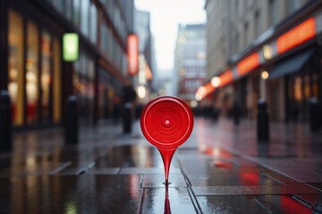 Fototapeta premium Giant location pin in the middle of shopping street with shops, Red GPS pin on the street, Generative AI