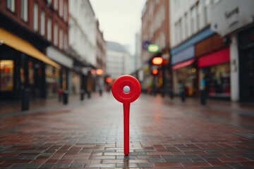 Giant location pin in the middle of shopping street with shops, Red GPS pin on the street, Generative AI