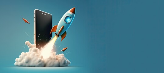 Rocket coming out of smartphone on blue background with copy space, startup concept, Generative AI