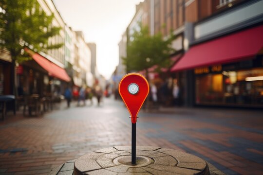 Giant location pin in the middle of shopping street with shops, Red GPS pin on the street, Generative AI