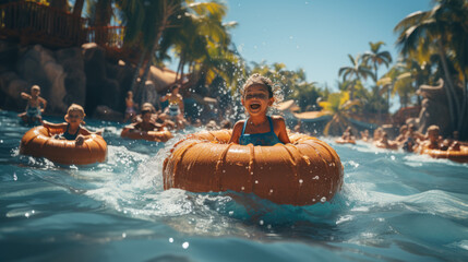 Water Park Adventure. Wide-angle photo of a kid swimming in a vibrant water park-themed setting. Fun-filled aquatic excitement concept. AI Generative