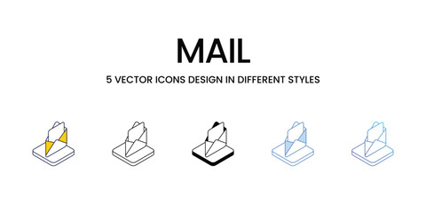 Mail Icon Design in Five style with Editable Stroke. Line, Solid, Flat Line, Duo Tone Color, and Color Gradient Line. Suitable for Web Page, Mobile App, UI, UX and GUI design.