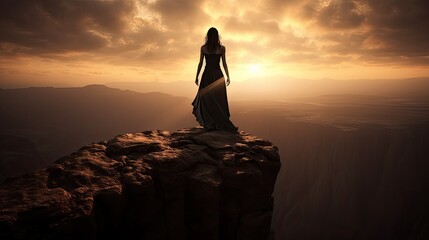 Beautiful warrior princess goddess. Strength and femininity. Concept art of woman overlooking a sunrise of a cliff. Battlefield. - obrazy, fototapety, plakaty