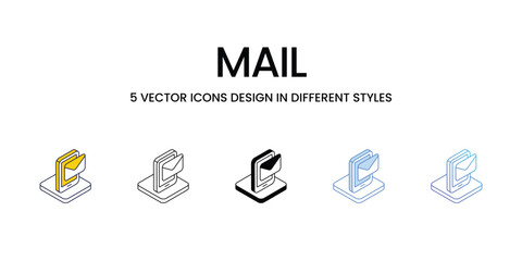 Mail Icon Design in Five style with Editable Stroke. Line, Solid, Flat Line, Duo Tone Color, and Color Gradient Line. Suitable for Web Page, Mobile App, UI, UX and GUI design.