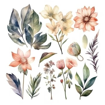 set of separate parts of flowers in watercolors