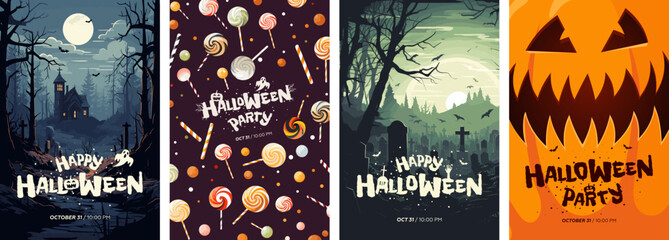 Happy Halloween party poster set. Drawing placards with old mansion, graveyard, candies and scary pumpkin. Art cover horror night. October 31 holiday evening promotional artwork. Typography eps print - obrazy, fototapety, plakaty