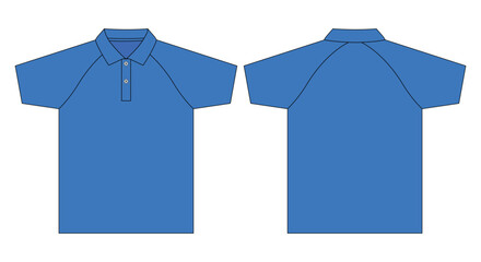 Blank Blue Raglan Short Sleeve Polo Shirt Template On White Background.Front and Back View, Vector File