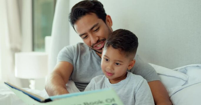 Dad, boy and bedroom with book, reading and learning for study, childhood development and care in house. Father, happy son and bed for teaching, literacy skills and bonding with love in family home