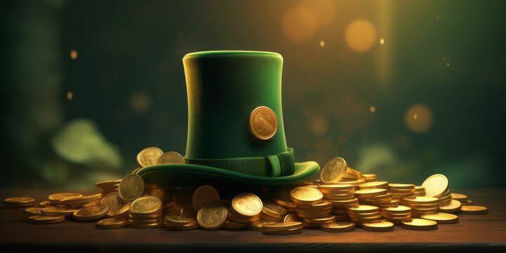 Saint Patricks Day with Whimsical Leprechaun Hats and Shimmering Gold Coins on a Pure Green Background