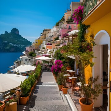 The image showcases the enchanting beauty of Positano, with its colorful houses perched along the cliffside, creating a mesmerizing palette that paints the coastal town with vibrant charm.