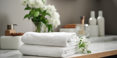 Bathroom Towels on Marble Countertop Adorned with Flowers, Showcasing Photorealistic Detail and Monochromatic Serenity in a Light-Filled, Refreshing Ambiance